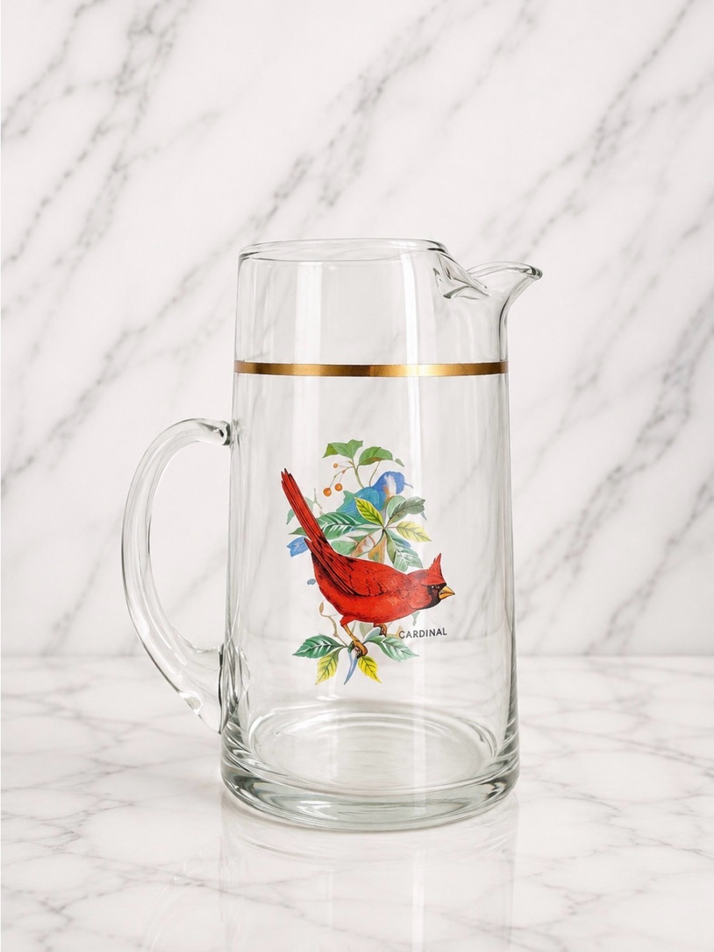 Vintage Weston West Virginia Pitcher Glass Birds Cardinal Blue Jay